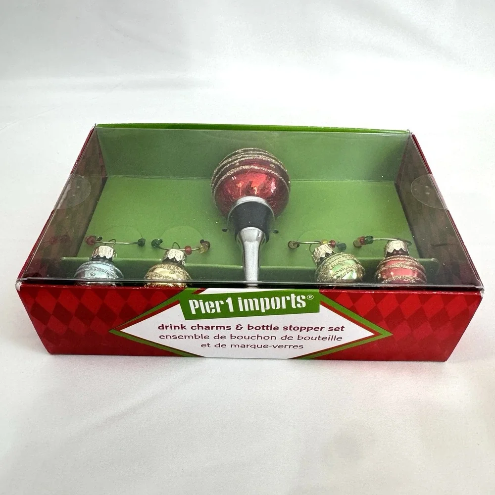 Pier 1 Imports Bottle Stopper Set Drink‎ Charms Christmas Ornament Balls Holiday